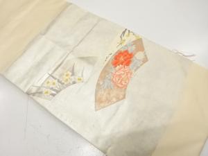 未使用品　引箔　地紙に牡丹・水仙模様織り出し　名古屋帯